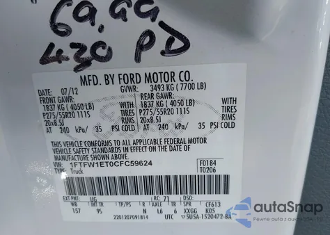 2012 Ford F-150 Platinum from USA, damaged, VIN 1FTFW1ET0CFC59624